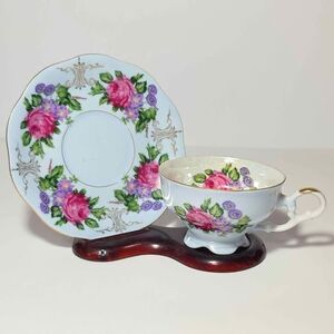 Pink Roses Purple Flowers Teacup and Saucer Vintage